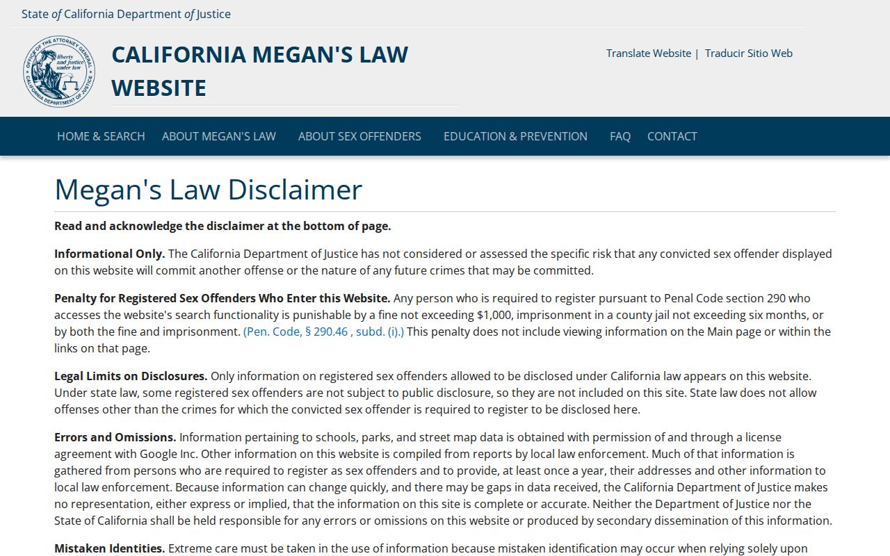Santa Maria resident lookup view of the California Megan's Law search