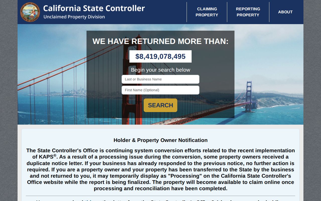 Santa Maria resident lookup view of the California unclaimed property search