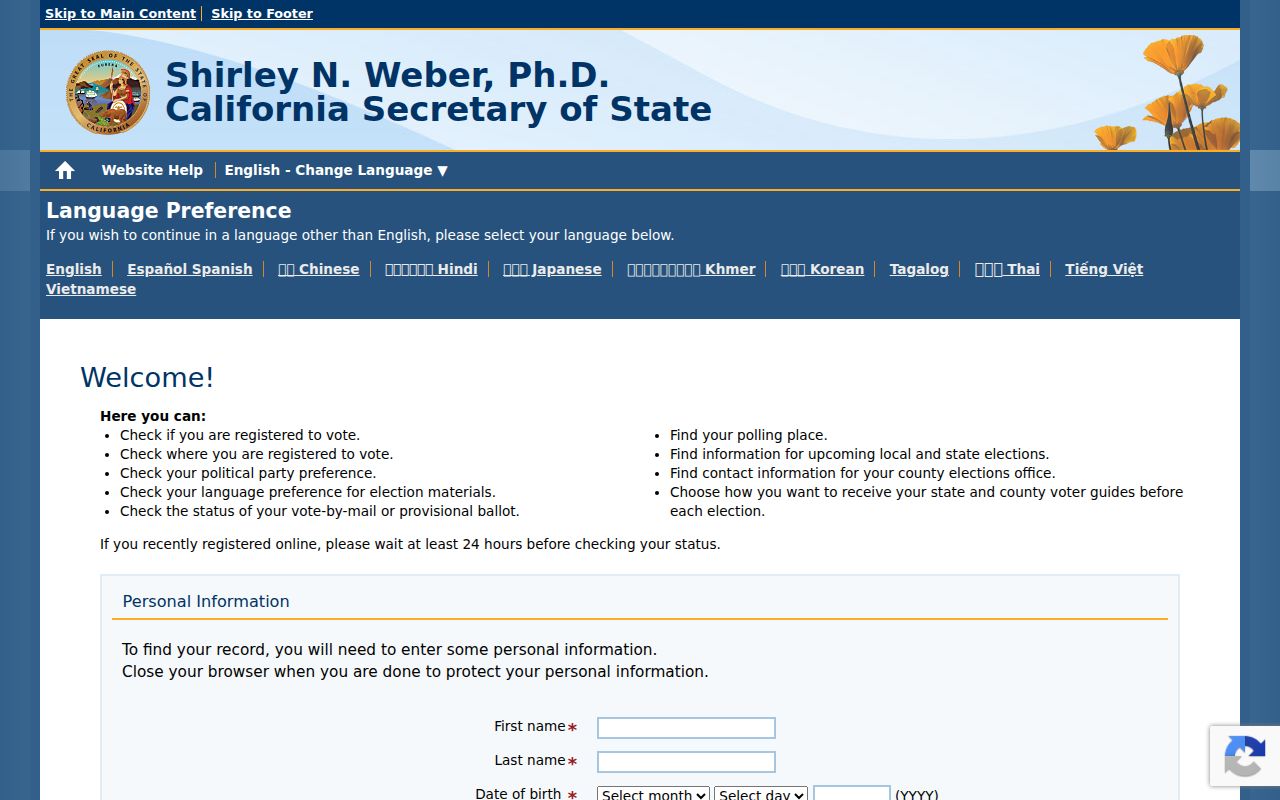 Santa Maria residents directory view of the California voter status form