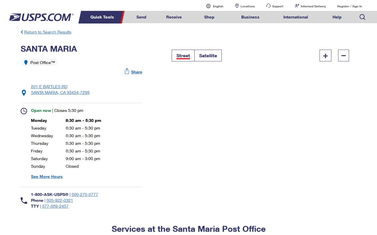 Santa Maria ZIP code directory view of the Santa Maria Post Office locator