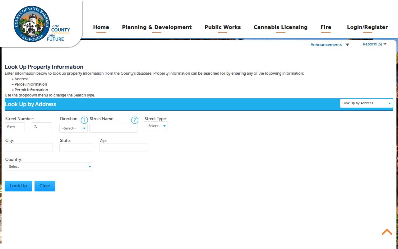 Santa Maria ZIP code directory view of the County Accela address and parcel lookup